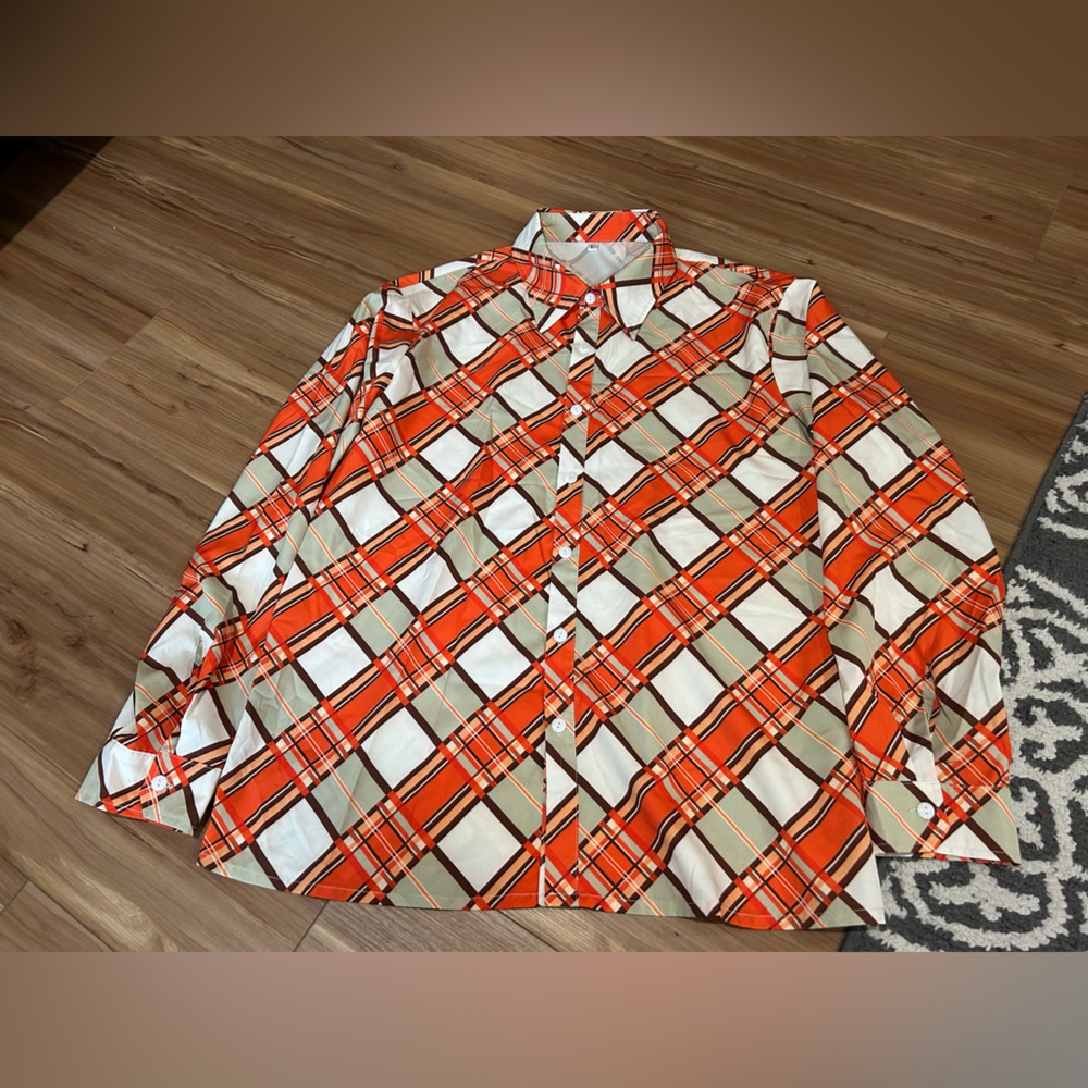 70s Retro Orange Plaid Men's Casual Dress Shirt Size Large